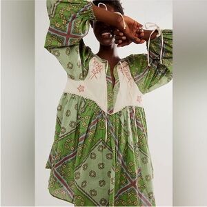 Free People Green Printed Mini Dress with Cream Yoke